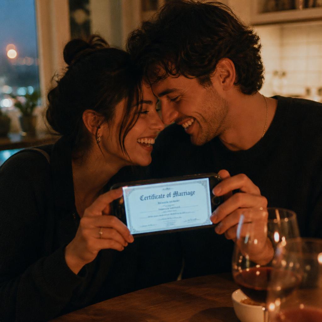 A young couple holding a phone together showing a glowing certificate on screen, foreheads almost touching, both laughing.