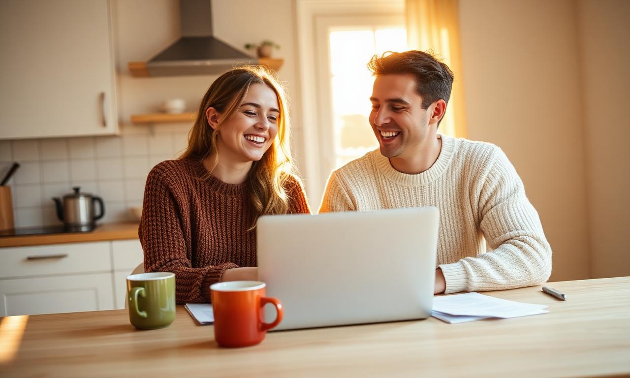 A laughing couple in golden morning light, leaning over a laptop together at a bright kitchen table with coffee mugs and papers.